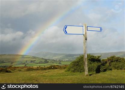 Devon landscape with blank signpost in forground.