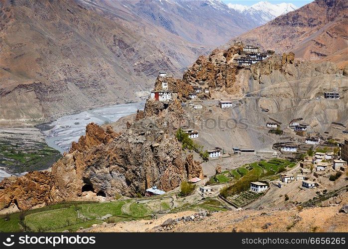 Dhankar Gompa Monastery and village in Himalayas, Spiti Valley, Himachal Pradesh. Dhankar Gompa Monastery in Himalayas