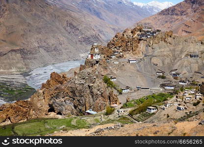 Dhankar Gompa Monastery and village in Himalayas, Spiti Valley, Himachal Pradesh. Dhankar Gompa Monastery in Himalayas