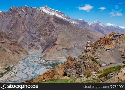 Dhankar monastry perched on a cliff in Himalayas. Dhankar, Spiti Valley, Himachal Pradesh, India. Dhankar monastry perched on a cliff in Himalayas, India