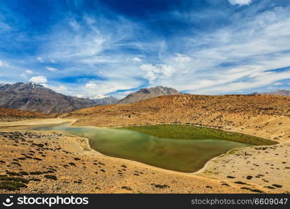 Dhankar mountain lake in Himalayas. Dhankar, Spiti valley, Himachal Pradesh, India. Dhankar lake in Himalayas