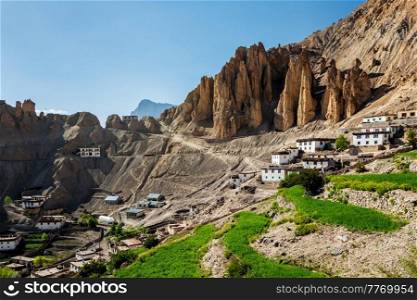 Dhankar village in Himalayas. Spiti valley, Himachal Pradesh, India. Dhankar village in Himalayas