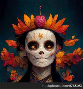 Dia de los muertos holiday, festive decorated skull with autumn leaves for the mexican festive of the dead. Dia de los muertos holiday