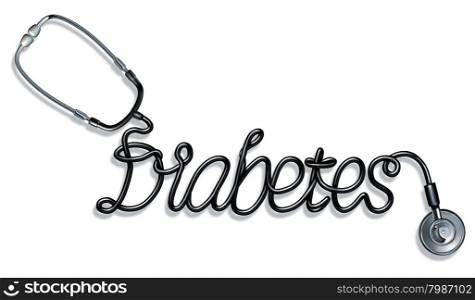 Diabetes concept as a doctor stethoscope shaped as text as medical health care symbol of diabetic care and diagnosis of blood sugar condition on a white background.