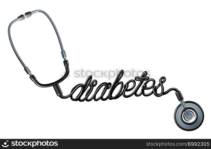 Diabetes diagnosis and diabetic health risk as high level of glucose or sugar in the diet with insulin imbalance as a medicine and juvenile obesity concept with a doctor stethoscope shaped as text as a 3D illustration.