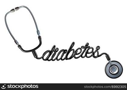 Diabetes diagnosis and diabetic health risk as high level of glucose or sugar in the diet with insulin imbalance as a medicine and juvenile obesity concept with a doctor stethoscope shaped as text as a 3D illustration.