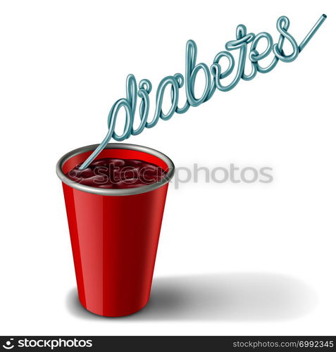 Diabetes signs and diabetic health risk as high level of glucose or sugar in the diet as soft drinks with insulin imbalance as a medicine and juvenile obesity concept with 3D illustration elements.