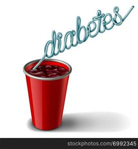 Diabetes signs and diabetic health risk as high level of glucose or sugar in the diet as soft drinks with insulin imbalance as a medicine and juvenile obesity concept with 3D illustration elements.