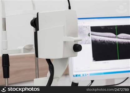 diagnostic ophthalmologic equipment. modern medical equipment in eye hospital. medicine concept. equipment in the eye clinic