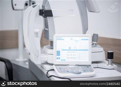diagnostic ophthalmologic equipment. modern medical equipment in eye hospital. medicine concept. equipment in the eye clinic
