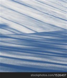 Diagonal blue shadows on newly fallen pure white snow. Shadows on newly fallen snow