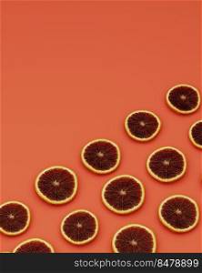 DIagonal placed graipfrut slices on orange background, fruity background concept, 3d rendering