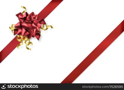 Diagonal red and gold gift wrap ribbon on white background