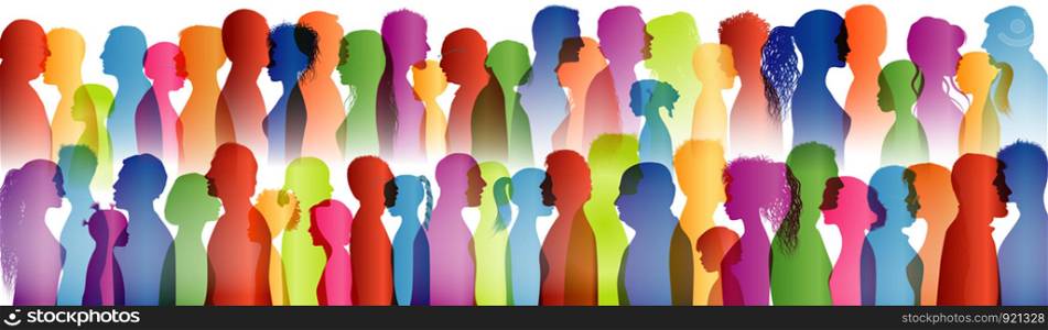 Dialogue between a large group of people. Talking crowd. Colored silhouette profiles. Many people talking. Speak. To communicate. Social network. Communication. Multi-ethnic people