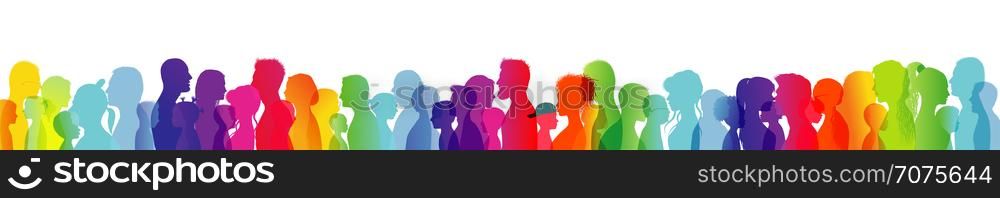 Dialogue between people of different ages and ethnic groups. Crowd talking. Rainbow colored profile silhouette. Many different people talking. Diversity between people. Multiple exposure