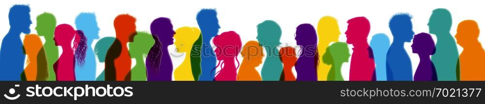 Dialogue between people. Talking crowd. Colored isolated silhouette profiles. People talking. People of different cultures. Communication