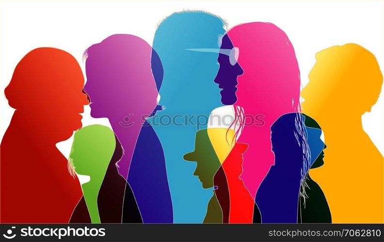 Dialogue between people. Talking crowd. Colored silhouette profiles.Comparison of people. Vector multiple exposure