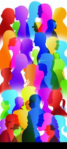 Dialogue between people. Talking crowd. Colored silhouette profiles. People talking. Multiple exposure
