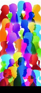 Dialogue between people. Talking crowd. Colored silhouette profiles. People talking. Multiple exposure