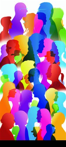 Dialogue between people. Talking crowd. People talking. Colored silhouette profiles. Multiple exposure