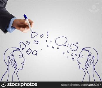 Dialogue between two. Hand drawn sketch of two men talking mobile phones
