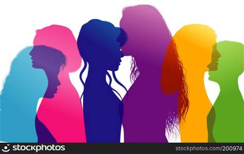 Dialogue between women. Women talking. Conversation between women. Colored silhouette profiles. Multiple exposure