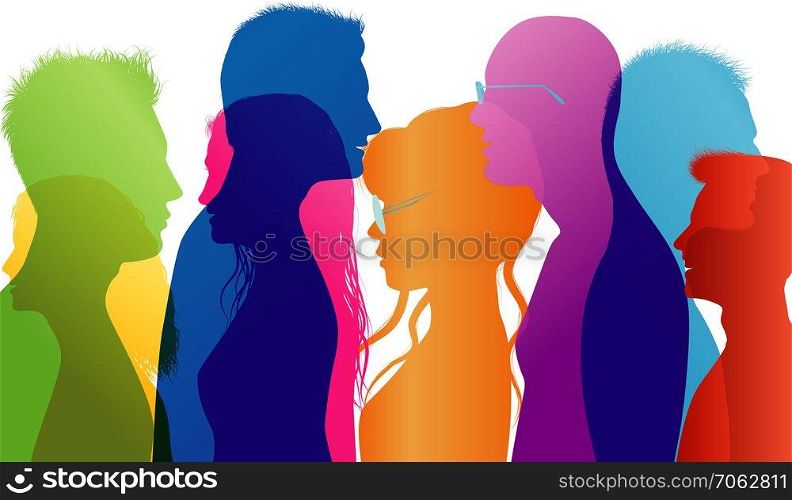 Dialogue between young students. Young people talking. Colored silhouette profiles. Vector multiple exposure