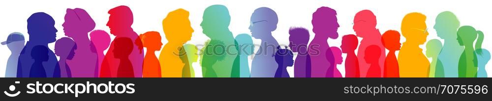 Dialogue or conversation between old people and children. Profile silhouette with rainbow colors with group of grandparents and grandchildren. Multiple exposure