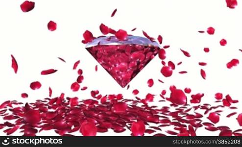 Diamond attracting rose petals, camera rotating, against white