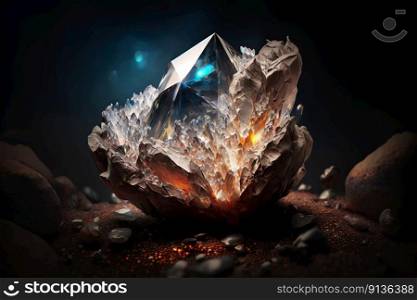 Diamond crystal, artificial illustration of the shimmering mineral, arranged and presented in a dark cave, made with generative ai