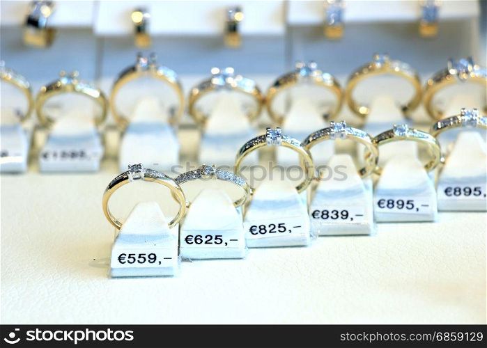 Diamond engagement rings in a shop display