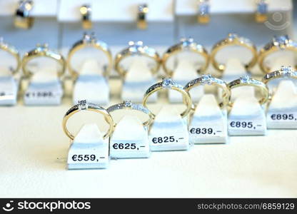 Diamond engagement rings in a shop display