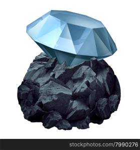 Diamond in the rough as a shiny precious gem hidden in a chunk of jagged rock as a business symbol and character metaphor for discovery of future potential for success and the value or power within.