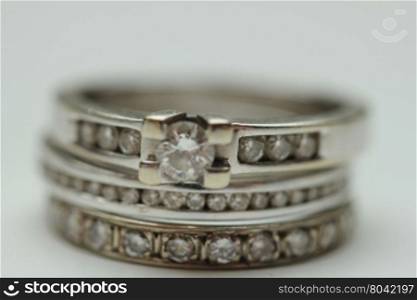 Diamond ring stack: engagement ring, wedding band and anniversary band