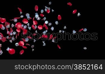 Diamonds and Rose Petals Flying, against black