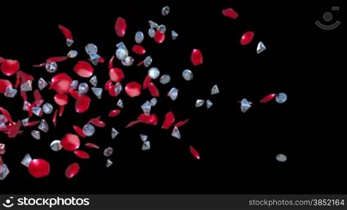 Diamonds and Rose Petals Flying, against black