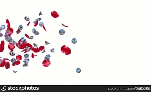 Diamonds and Rose Petals Flying, against white