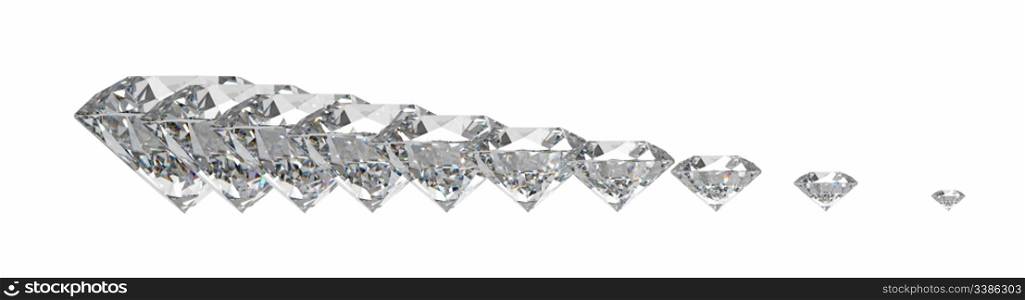 Diamonds in a row isolated on white, 3d render