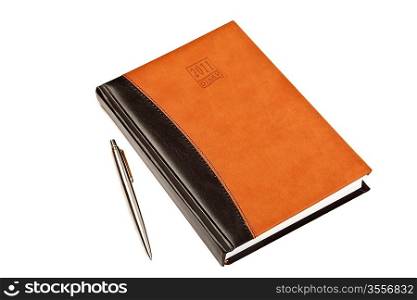 Diary for 2011 year with leather cover and metal pen on table isolated on white background