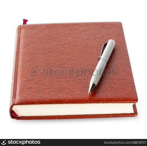 Diary in brown leather cover with silver pen isolated on white background. Diary in brown leather cover with silver pen