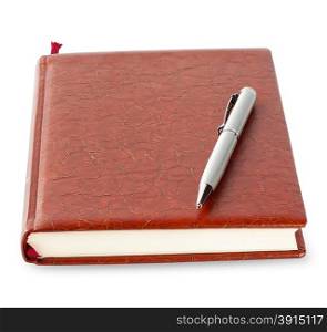Diary in brown leather cover with silver pen isolated on white background. Diary in brown leather cover with silver pen