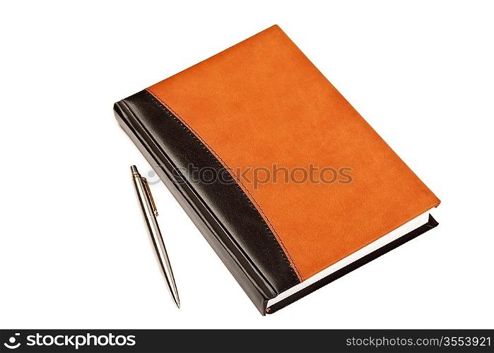 Diary with leather cover and metal pen on table isolated on white background