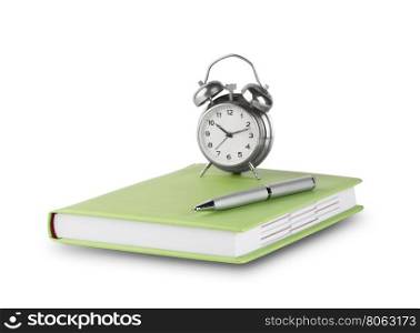 Diary with pen and alarm clock isolated on white background. Diary with pen and alarm clock
