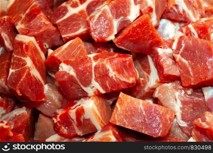 Diced fresh beef with veins. Diced or cubed raw beef steak