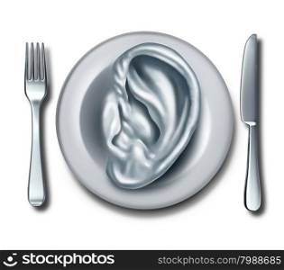 Diet advice and nutrition information food concept as a white dish shaped with an ear as a symbol of listening to dietary recommendations and following meal guidlines or restaurant reviews.