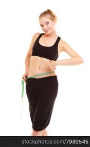 diet and healthy lifestyle. slim fit smiling blonde girl young woman with green measure tape measuring her waist isolated on white