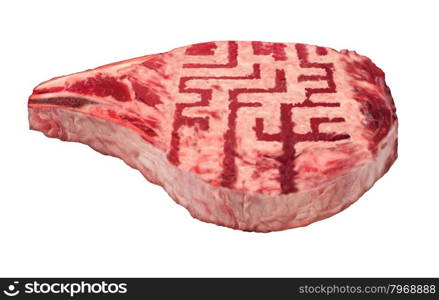 Diet Challenge food concept as a beef steak with animal fat shaped as a maze or labyrinth as a symbol and icon of dieting challenges and confusion on what to eat