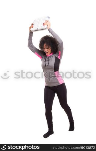 Diet concept - Mad woman destroying her scale