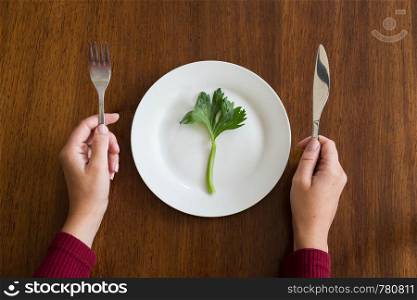 diet concept. one green vegetable on an empty white plate with woman hands celery on wood table healthy top view. diet concept. one green vegetable on an empty white plate with woman hands, celery on wood table healthy