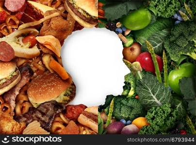 Diet eating choice as a human head in a food background with half greasy junk food and the other side with green healthy fruit and vegetables as a health symbol for a dietition or nutritionist and choosing diet lifestyle.